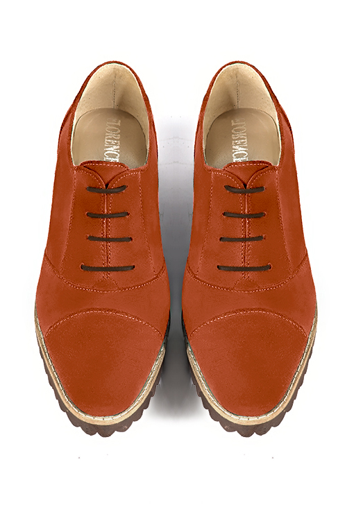 Terracotta orange women's casual lace-up shoes. Round toe. Flat rubber soles. Top view - Florence KOOIJMAN